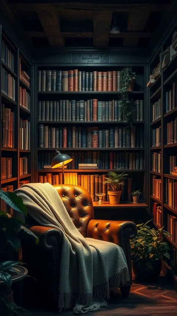 Dark academia basement with a cozy reading nook featuring a plush velvet armchair, small wooden side table, vintage lamp with warm lighting, stacks of old books, a wool throw blanket, and dark painted walls creating a moody, inviting atmosphere.