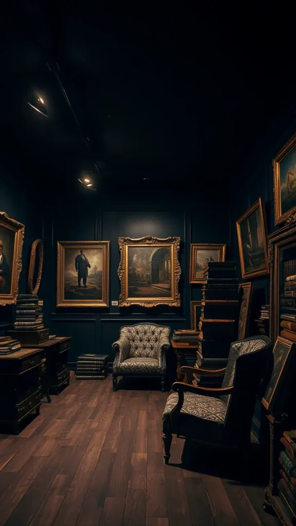 Dark academia basement with dark painted walls, a vintage gallery wall featuring classical art and portraits in ornate gold and black frames, antique wooden furniture, stacks of old books, and warm moody lighting, elegant and scholarly atmosphere