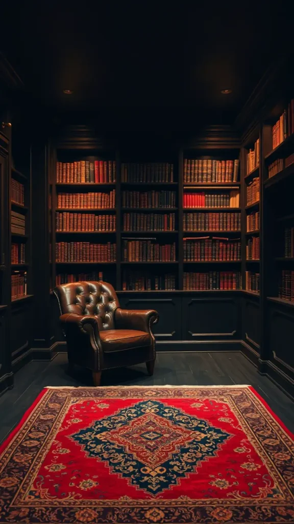 Dark academia basement with a deep red Persian rug covering a dark wooden floor, vintage leather armchair, dark painted walls, built-in bookshelves filled with old books, warm ambient lighting creating a moody, intellectual atmosphere
