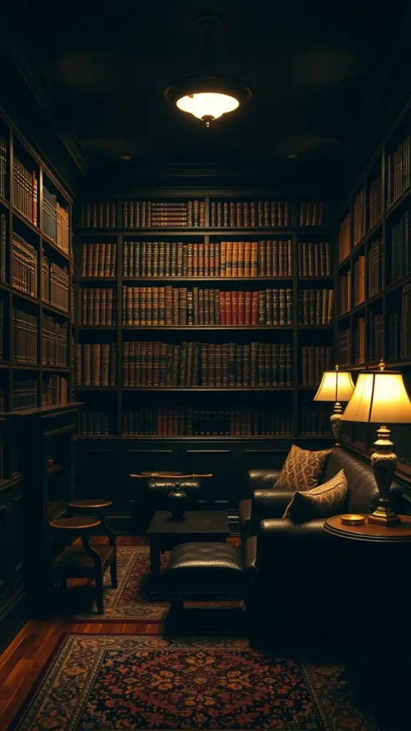 Dark academia basement featuring built-in dark wood bookshelves filled with old leather-bound books, cozy vintage furniture, dark painted walls, warm ambient lighting, Persian rug, and a scholarly, moody atmosphere