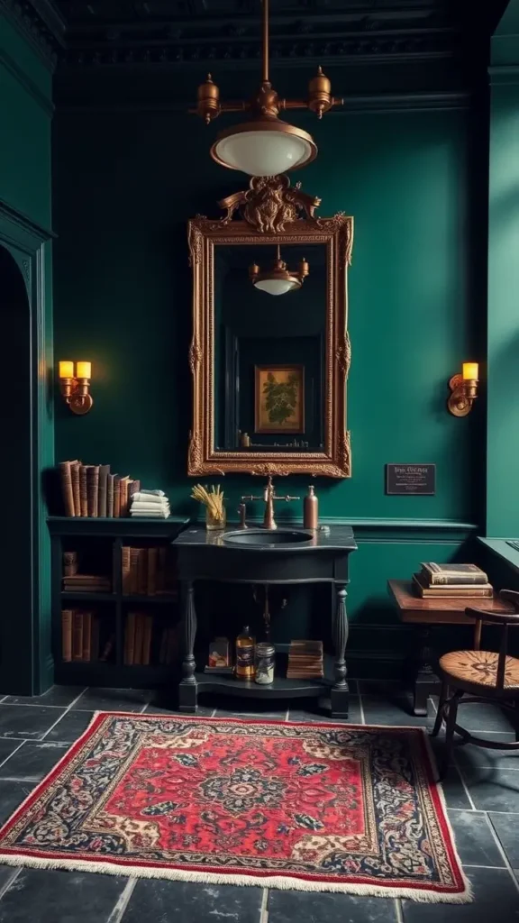 A cozy, moody bathroom featuring deep forest green walls, vintage brass fixtures, an antique framed mirror, warm dim lighting, and a Persian rug on a slate floor. Old books and apothecary jars subtly styled on dark wood shelving. Dark academia aesthetic, elegant, and inviting.