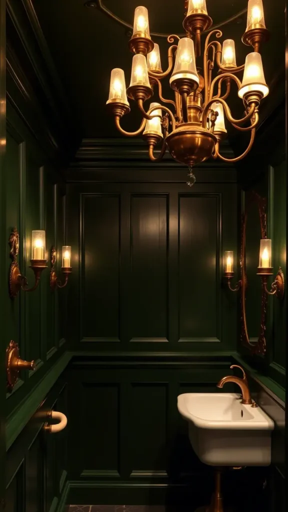 A dark academia bathroom with deep green walls, featuring an antique brass chandelier casting a warm, golden glow over the space. Vintage sconces with intricate details are mounted on the walls, enhancing the scholarly, old-world charm of the room.