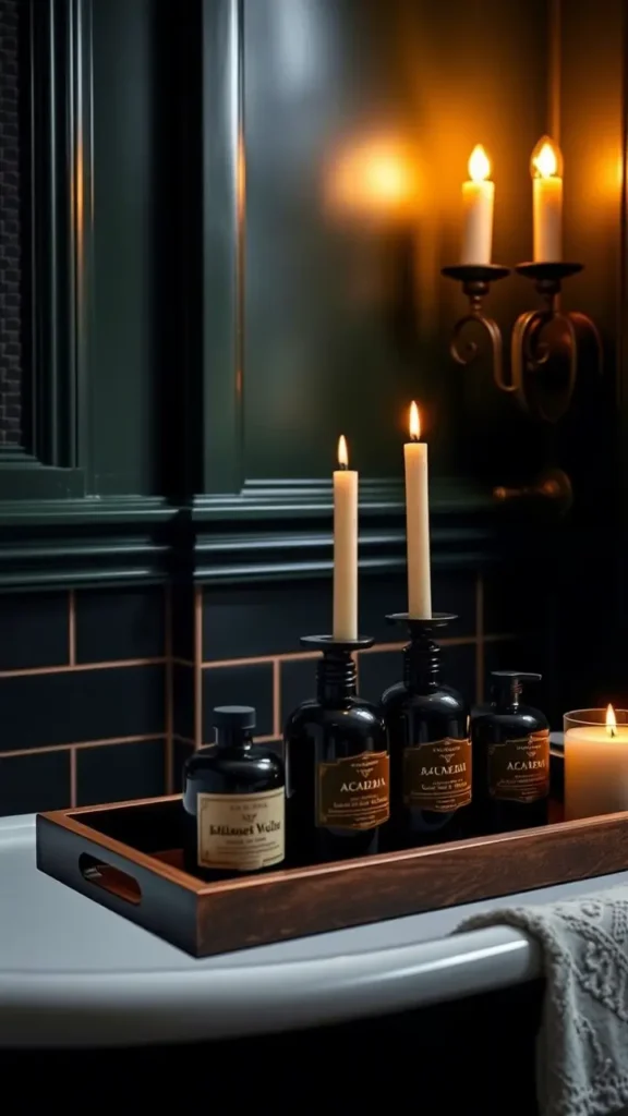 A dark academia bathroom featuring a collection of luxurious bath oils and soaps in dark glass bottles. The products are elegantly displayed on a wooden tray with a few vintage candles, creating a refined, indulgent atmosphere.