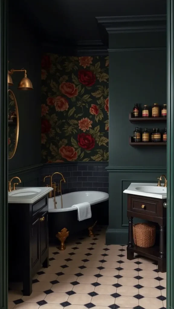 A dark academia bathroom with deep green walls and a vintage floral wallpaper accent wall featuring faded reds and golds. The wallpaper adds depth and texture to the space, complementing the moody, intellectual atmosphere of the room.