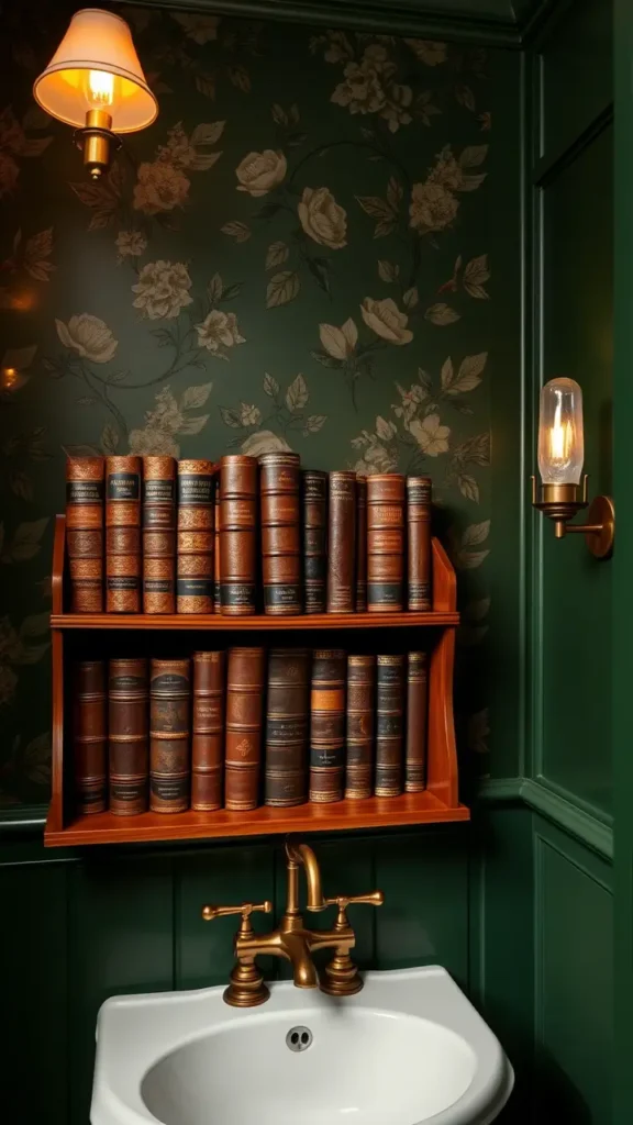 A dark academia-inspired bathroom with deep green walls and a collection of vintage books stacked on a wooden shelf. Leather-bound volumes in rich, muted tones add texture and an intellectual vibe to the space, enhancing the vintage atmosphere.
