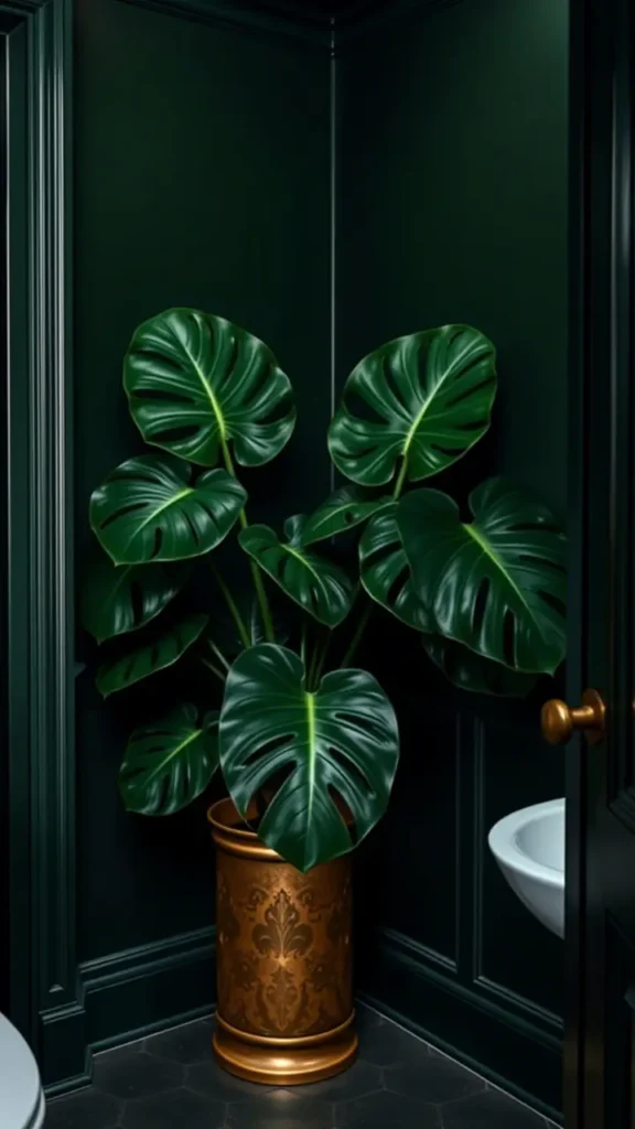 A dark academia bathroom with deep green walls, featuring a large monstera plant in a vintage brass pot positioned in the corner. The plant's deep green leaves contrast beautifully with the room's dark tones, adding life and a scholarly, organic vibe to the space.