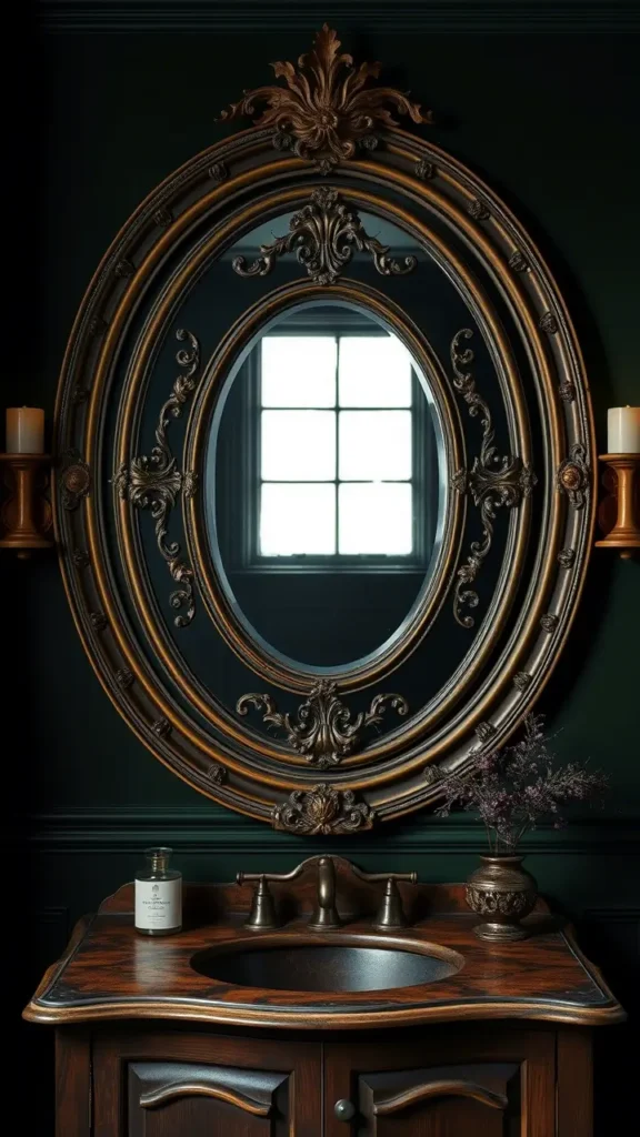 A dark academia-inspired bathroom with deep green walls, featuring an antique oval mirror with a distressed brass frame hanging above a vintage wooden vanity. The mirror’s intricate design adds elegance and depth, enhancing the room’s moody, intellectual ambiance.