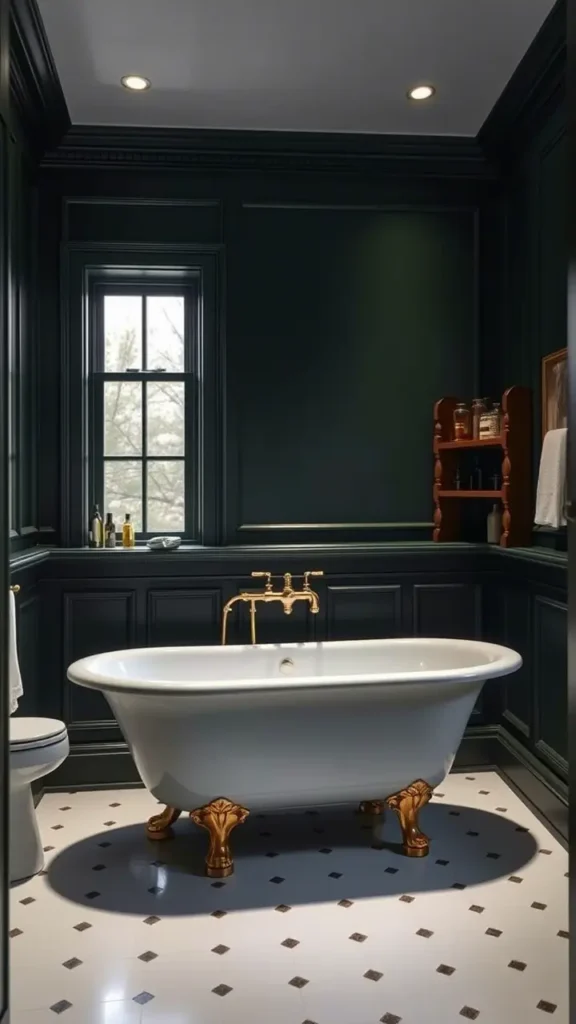 A dark academia bathroom with deep green walls, featuring a luxurious freestanding clawfoot tub in white with antique brass feet. The tub sits prominently in the room, drawing attention and adding an elegant vintage charm to the space.