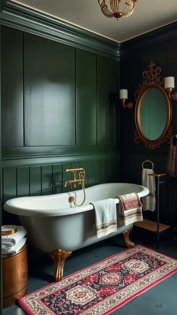 A dark academia bathroom with deep green walls, showcasing vintage brass bathroom accessories like a soap dish, towel bar, and toothbrush holder. The antique finish adds elegance and character, enriching the room’s intellectual and historical ambiance.