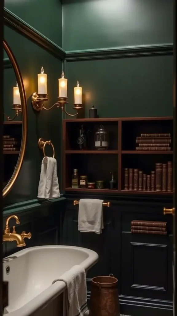 A sophisticated bathroom with deep green walls and vintage brass fixtures, including an ornate faucet, towel ring, and light sconces. Dark wood shelves hold apothecary jars and antique books. The lighting is soft and warm, enhancing the cozy dark academia aesthetic.