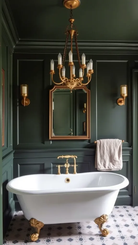 A dark academia bathroom with deep green walls, featuring an antique brass chandelier hanging above a freestanding clawfoot tub. Vintage brass sconces are mounted on the walls, casting a warm, inviting light throughout the room.