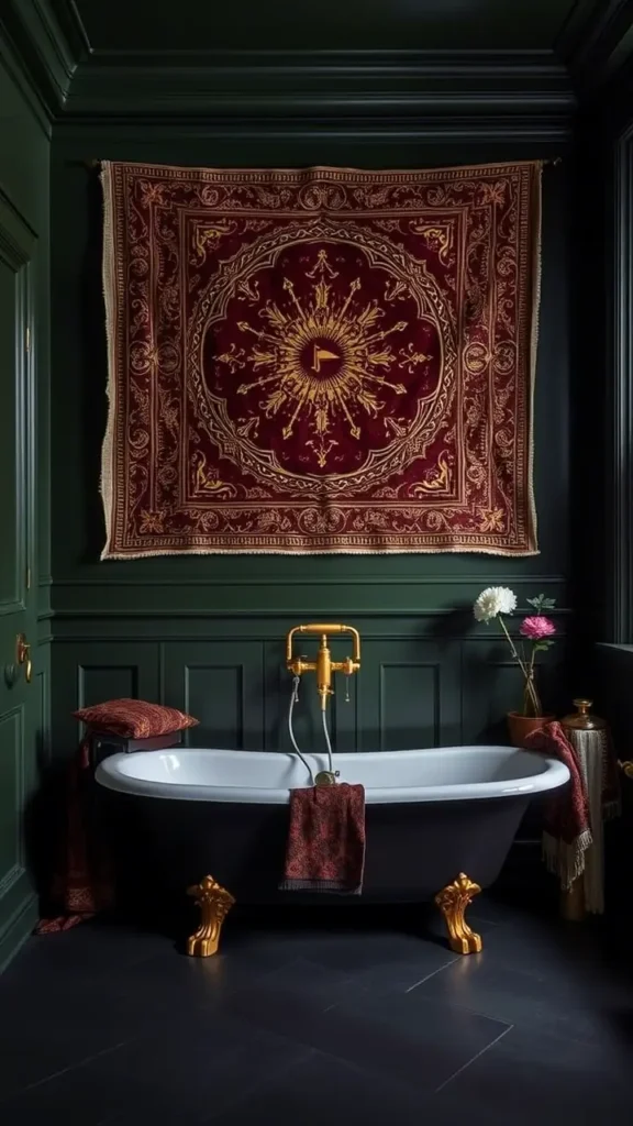A dark academia bathroom with deep green walls, featuring a large, vintage-inspired tapestry hanging above a freestanding tub. The tapestry, rich in burgundy and gold tones, adds a touch of classic artistry to the room, enhancing its moody, intellectual atmosphere.