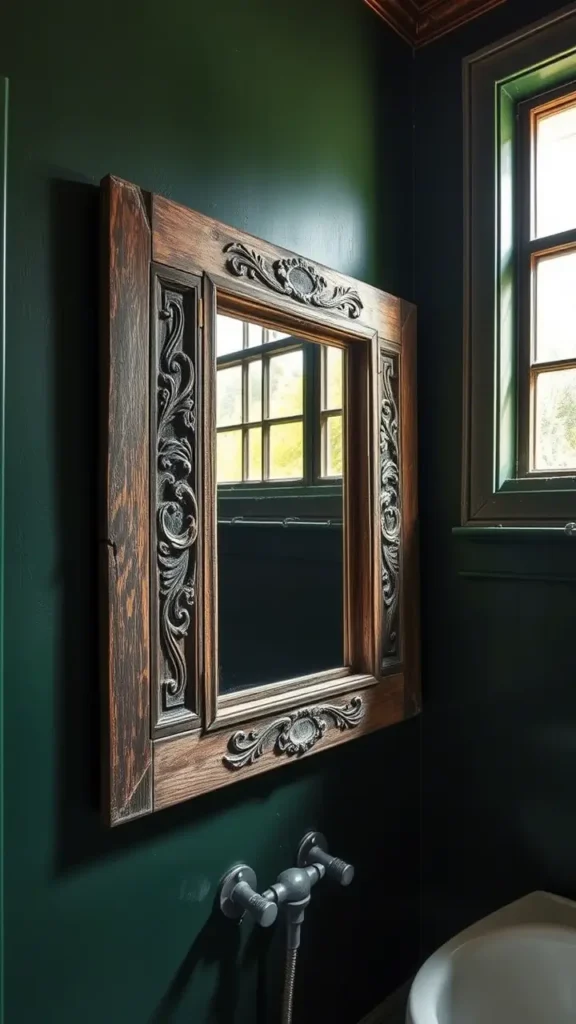 A dark academia bathroom with deep green walls, featuring a vintage, weathered wooden window frame hanging on the wall. The frame adds texture and antiquity to the space, offering a glimpse into the past while reflecting natural light.