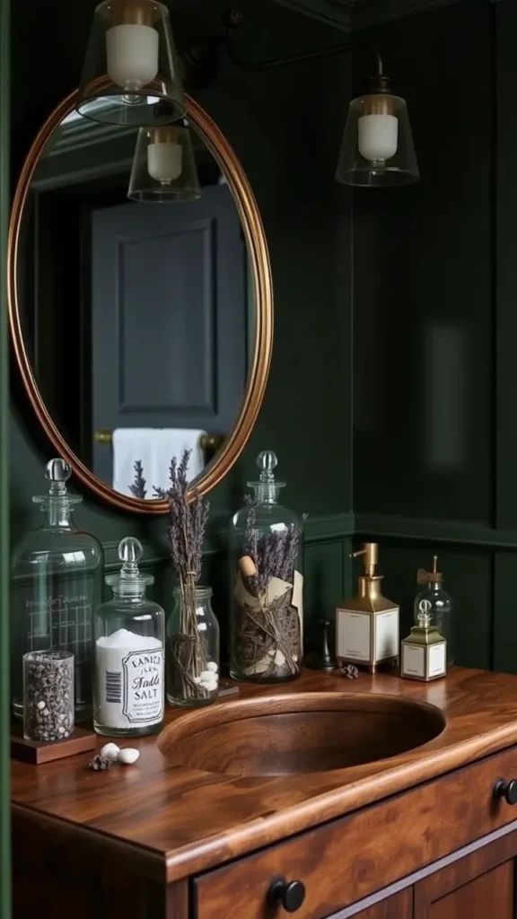 A dark academia bathroom with deep green walls, showcasing a set of vintage apothecary jars filled with dried lavender, bath salts, and decorative items. The glass jars sit on a wooden vanity, adding both function and vintage elegance to the space.