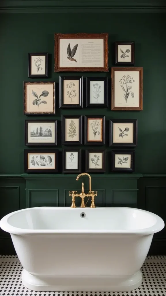 A dark academia bathroom with deep green walls, featuring a gallery wall of art prints above the bathtub. The prints include black and white portraits, botanical illustrations, and classical studies, framed in antique wooden frames to complete the intellectual and vintage atmosphere.