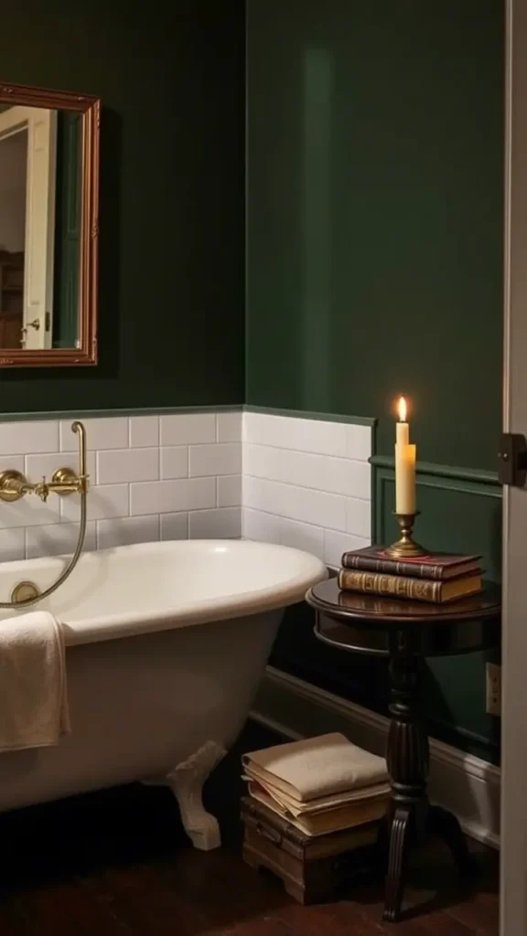 A moody bathroom with a deep green wall and a classic white clawfoot bathtub featuring antique brass fixtures. A dark wood side table holds a stack of vintage books and a candle. Dim, warm lighting casts a cozy glow, creating a perfect dark academia vibe.