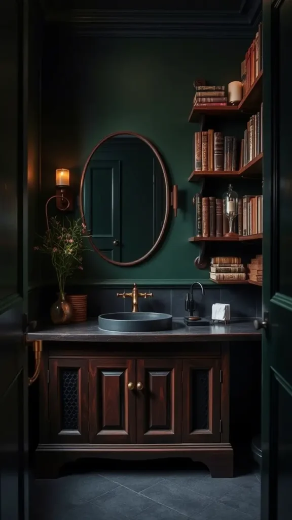A sophisticated bathroom with deep green walls, a dark walnut vanity, vintage brass fixtures, and open wooden shelves displaying old books and candles. Soft, warm lighting highlights the rich textures, embodying the cozy and intellectual dark academia aesthetic.