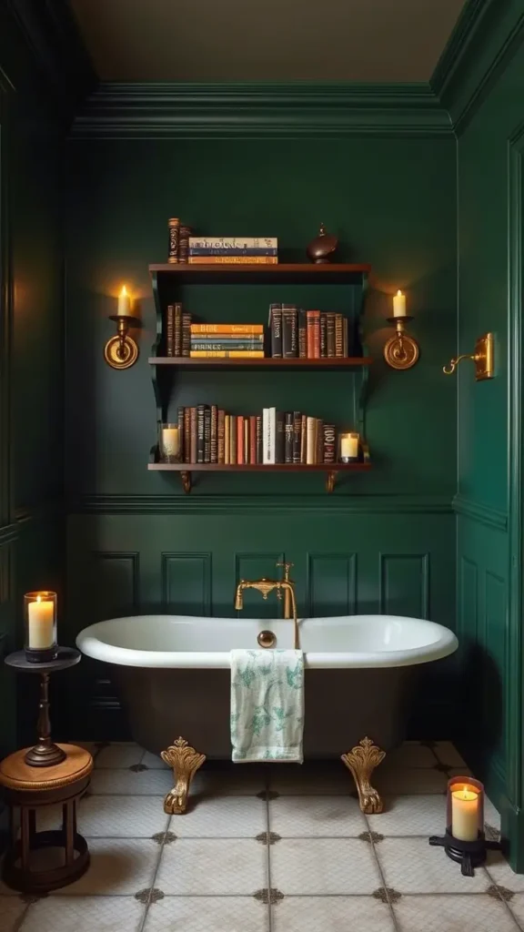A moody bathroom with deep green walls, vintage brass sconces emitting a soft amber glow, a clawfoot bathtub, and dark wood shelves. Flickering candles and a small table lamp add layers of cozy, warm lighting, creating a classic dark academia atmosphere.