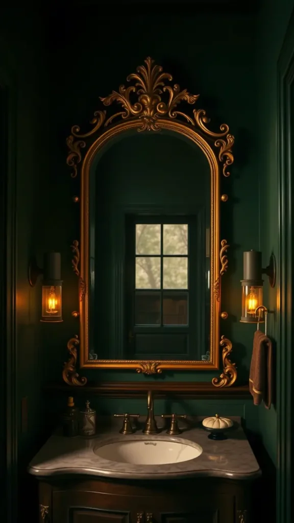 A moody bathroom featuring deep green walls, an ornate antique gold-framed mirror above a dark wood vanity, with soft warm lighting reflecting off the aged glass. The room feels romantic, scholarly, and perfectly dark academia.