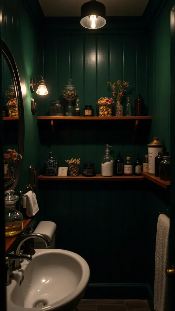 A dark academia-inspired bathroom with deep green walls and a wooden shelf lined with apothecary jars and vintage glass bottles. Each jar is filled with dried flowers, bath salts, and other old-world treasures, giving the space a scholarly, vintage feel.