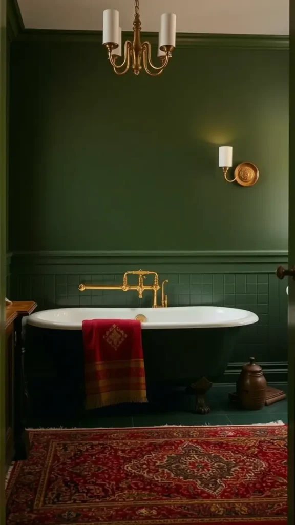 A dark academia bathroom with deep green walls, featuring a vintage Persian rug draped over the floor beneath a clawfoot bathtub. The rug’s deep reds and golds contrast beautifully with the moody green, adding warmth and sophistication to the space.
