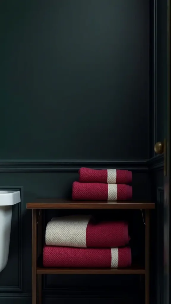 A dark academia-inspired bathroom with deep green walls, a neatly stacked set of classic towels in rich burgundy and ivory resting on a dark wood shelf. The towels’ textured fabric adds both luxury and practicality, enhancing the cozy, intellectual vibe of the room.