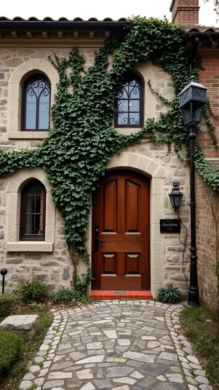 Natural materials like stone and brick for a Dark Academia exterior