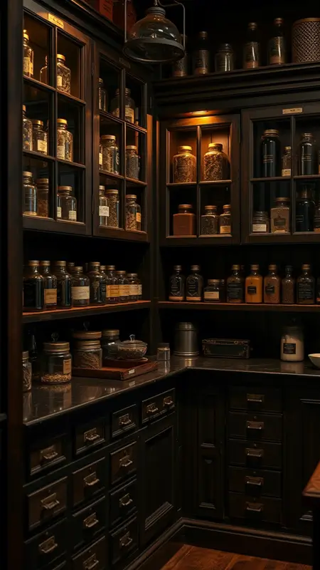 Dark academia kitchen featuring vintage apothecary cabinets, small drawers with brass labels, dark wood, antique glass jars, and warm ambient lighting.