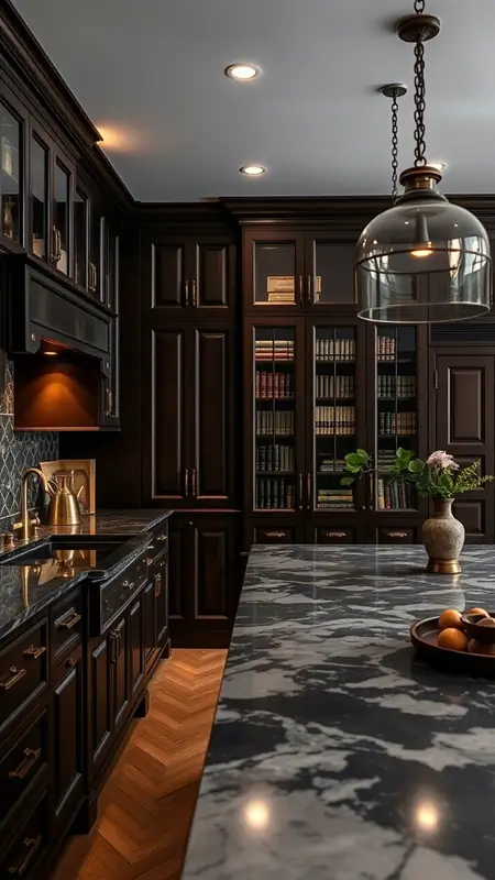 Dark academia kitchen featuring marble countertops with dark veining, antique brass fixtures, and rich wood cabinetry, bathed in soft, ambient lighting.