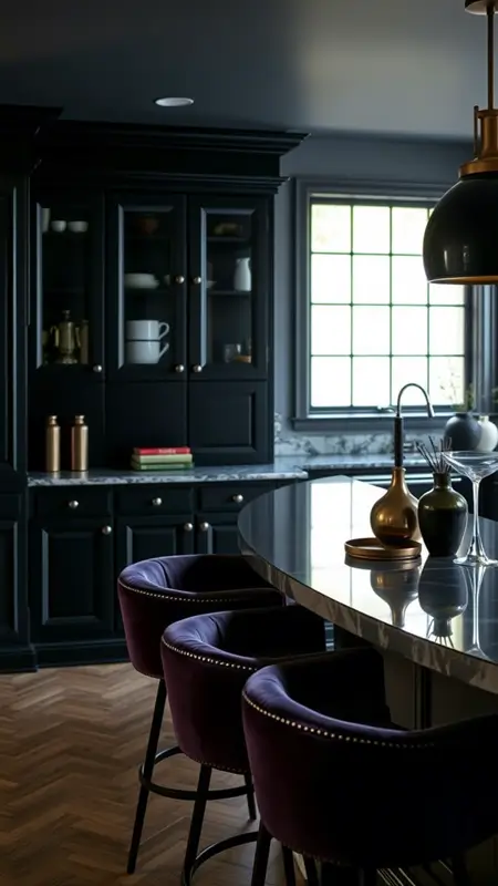 Dark academia kitchen with velvet upholstered bar stools in deep colors, a dark wood or marble bar counter, and soft ambient lighting.