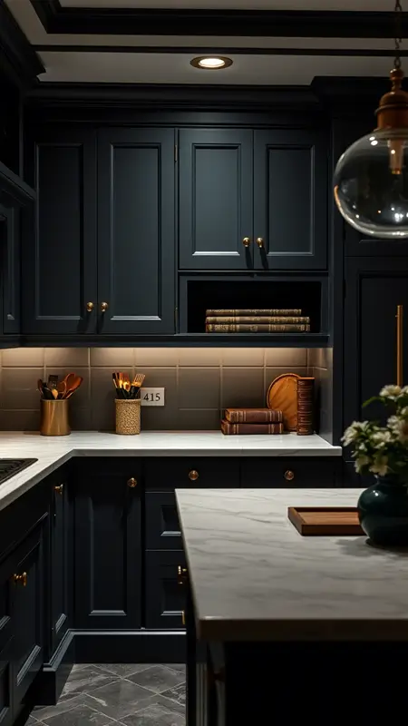 Dark academia kitchen with matte dark green or Oxford blue cabinetry, brass hardware, marble countertops, and soft, ambient lighting.