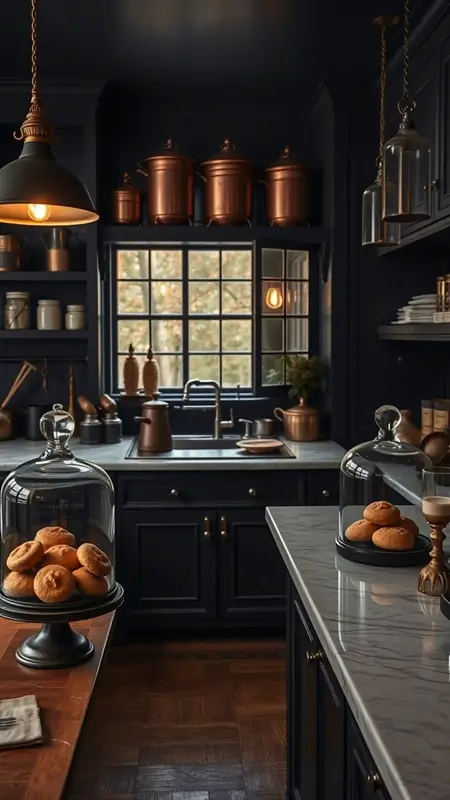 Dark academia kitchen with glass cloche displays holding pastries on marble or wood counters, surrounded by moody lighting and vintage kitchen accessories.