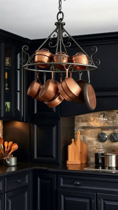 Dark academia kitchen with iron pot rack holding copper and cast iron cookware, set against dark cabinetry and warm, vintage-inspired lighting.