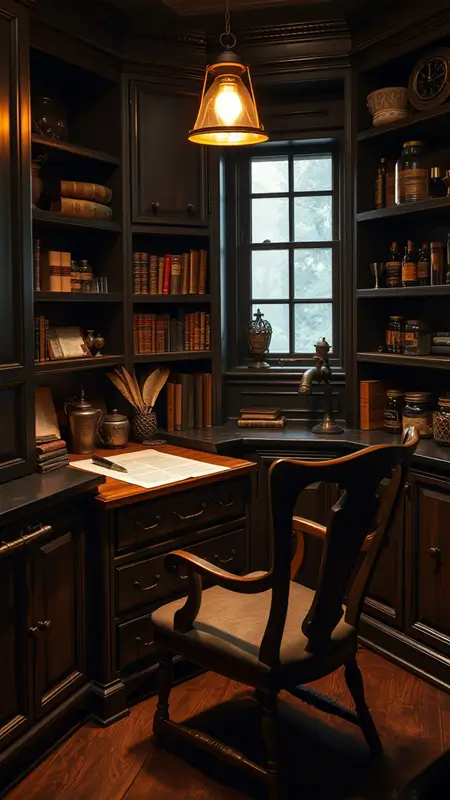 Dark academia kitchen with a hidden writing desk or cozy reading nook, vintage wooden chair, warm lighting, and shelves of cookbooks and curiosities.