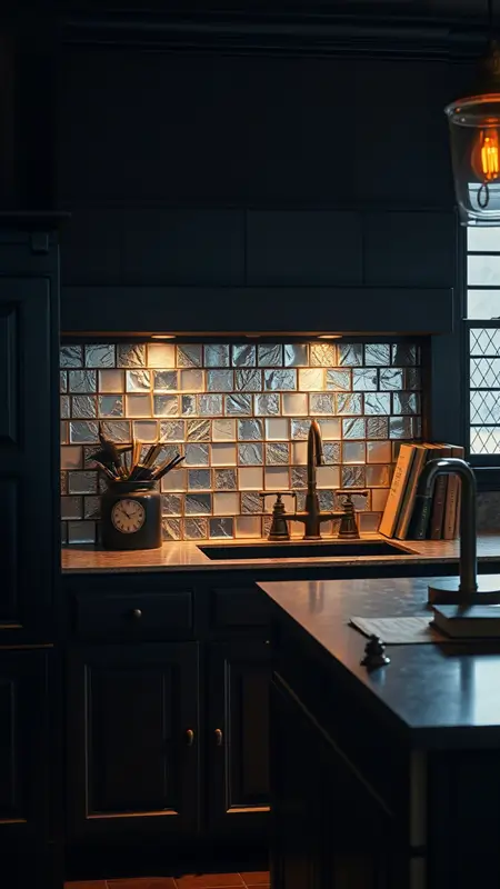 Dark academia kitchen with distressed mirror backsplash, dark wood cabinetry, antique brass fixtures, and soft, ambient lighting for a vintage, scholarly vibe.