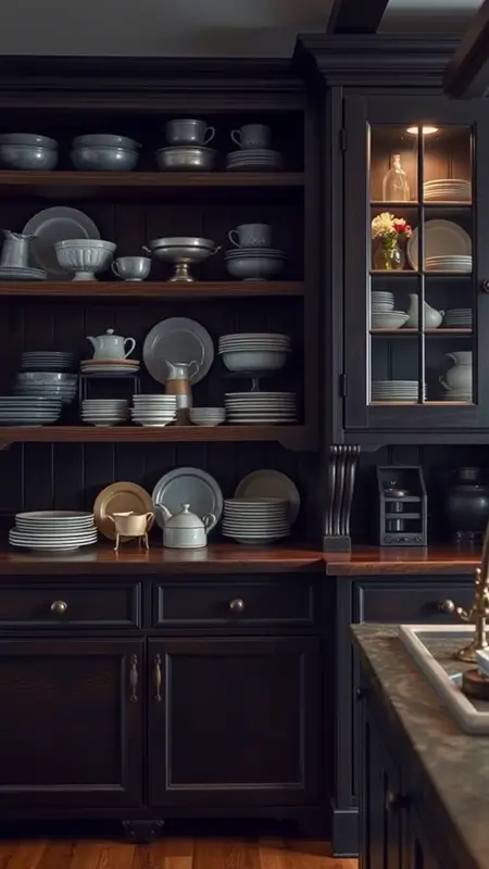 Dark academia kitchen with stoneware and pewter dishware displayed on open wood shelves or inside antique glass cabinets, surrounded by warm, moody lighting.