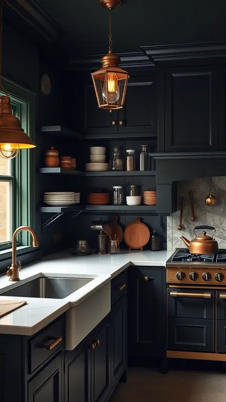 Dark academia kitchen with deep mahogany cabinets, brass handles, moody green walls, vintage lighting, and marble countertops.
