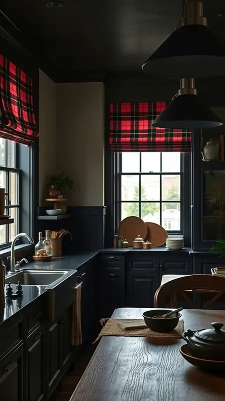 Dark academia kitchen with heavy tartan drapes or Roman shades in plaid, moody lighting, dark wood accents, and vintage decor elements.