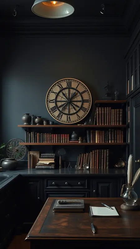 Dark academia kitchen with antique globe or timepiece wall art, dark cabinetry, moody lighting, and vintage shelves styled with scholarly decor.