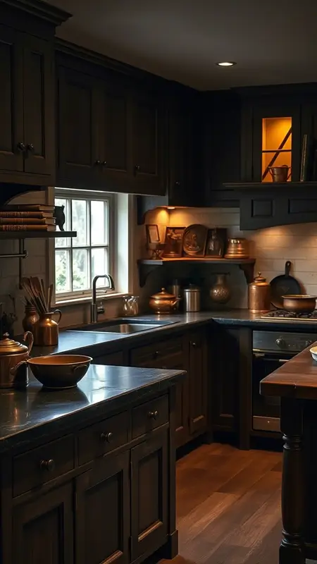 Dark academia kitchen with under-cabinet warm lighting softly illuminating dark stone countertops, aged wood cabinetry, and antique kitchen decor.