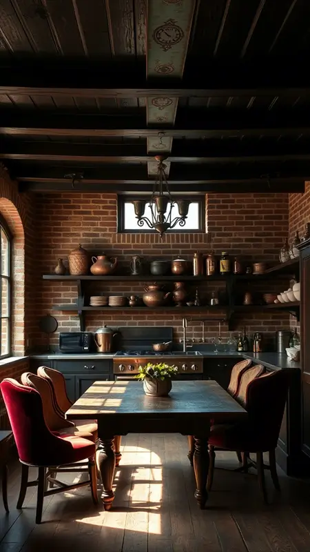 Dark academia kitchen with dark-stained ceiling beams, exposed brick walls, moody lighting, antique furniture, and vintage kitchenware.
