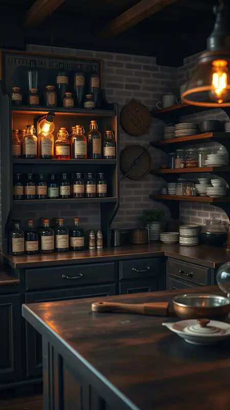 Dark academia kitchen with alchemy-inspired spice rack, glass potion bottles with corks and aged labels, moody lighting, and antique shelving.
