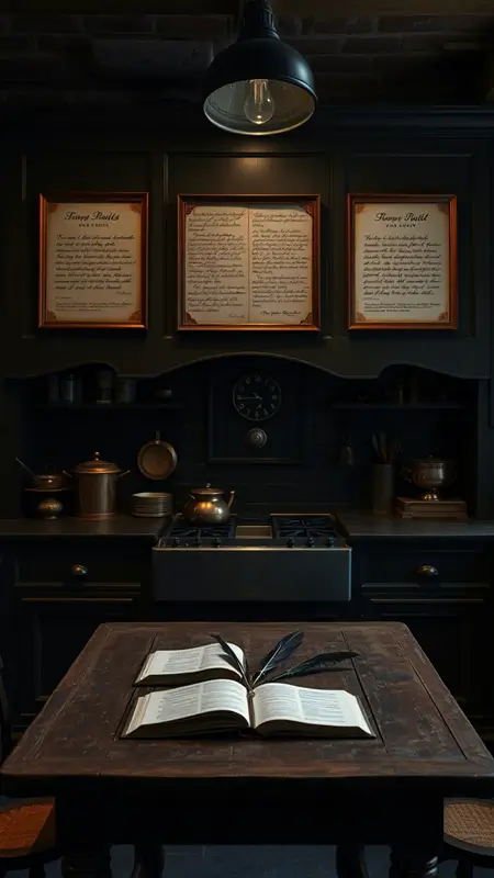 Dark academia kitchen with framed handwritten recipes and literary quotes on aged paper, displayed above dark wood cabinetry with moody lighting and vintage decor.