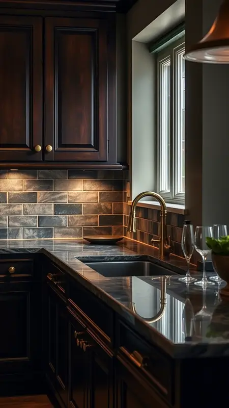 Close-up of antique brass kitchen handles and faucet on dark wood cabinets, surrounded by warm ambient lighting, vintage backsplash tiles, and deep-toned countertops in a moody, scholarly kitchen setting.