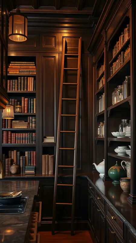 Dark academia kitchen with a wooden library ladder against tall shelves filled with antique cookbooks, glass jars, and vintage kitchen items, bathed in soft, ambient lighting.