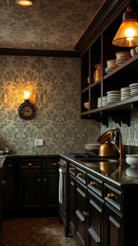 Dark academia kitchen featuring Victorian-inspired wallpaper with intricate floral or damask patterns, dark wood cabinetry, and antique brass fixtures.