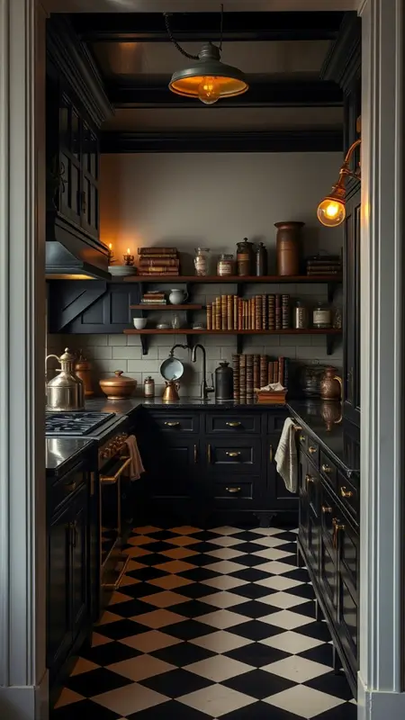 Dark academia kitchen with black and white checkerboard flooring, dark wood cabinets, brass fixtures, and moody lighting for a vintage-inspired vibe.