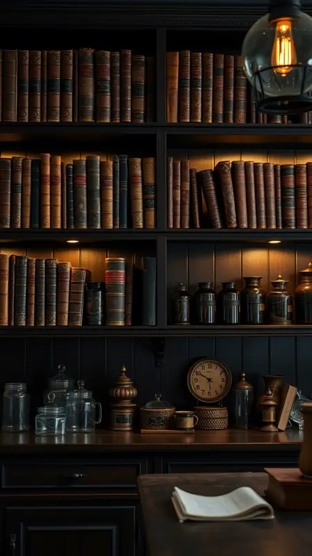 Dark academia kitchen with open shelves holding leather-bound cookbooks, dark wood shelves, antique jars, and vintage glassware, bathed in soft, ambient lighting.
