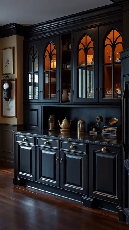 Dark academia kitchen featuring Gothic arch cabinet doors in dark wood, antique brass handles, with moody lighting and vintage accessories.