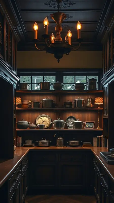 Dark academia kitchen with candle-style chandeliers, soft moody lighting, vintage light fixtures, and rich wood cabinetry.